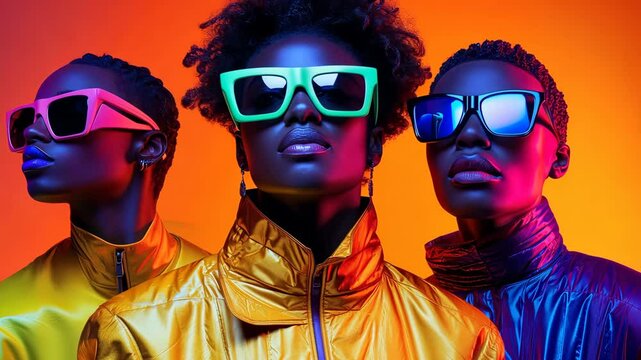 Models posing wearing colorful sunglasses on orange background