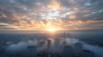 Breathtaking sunrise over a cityscape, with clouds and fog gently enveloping skyscrapers, creating a serene urban atmosphere.