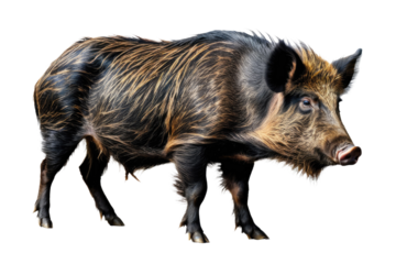Full body wild boar, positioned center frame on a pristine white background, snout uplifted, eyes focused quietly asserting dominance