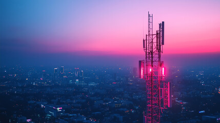 Wieża antenowa 5G, która jest centralnym punktem globalnej infrastruktury komunikacyjnej. Wieża reprezentuje nowoczesne technologie, które oferują najszybsze niezawodne połączenia internetowe.