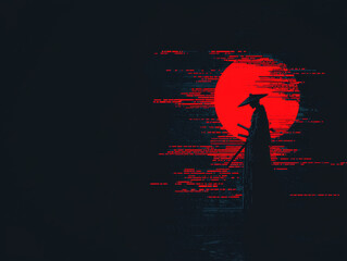 Silhouette of a samurai warrior standing in front of a red sun with a glitch effect.