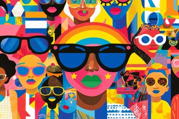 An artwork depicting a modern Pride festival featuring drag performances and queer art exhibits, using minimalistic design elements and bright colors