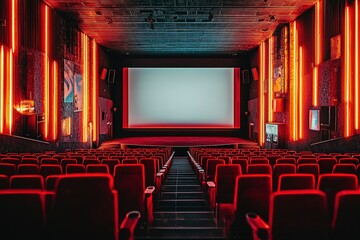 Empty Movie Theater Seats and Screen with Red Lighting