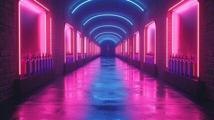 animation abstract backgroun with pink an blue neon lines go up from left to right reflection on the floor