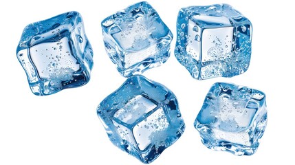 Obraz premium Five clear ice cubes with air bubbles frozen inside, isolated on a white background.