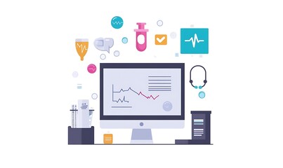 Computer monitor with medical icons and a stethoscope