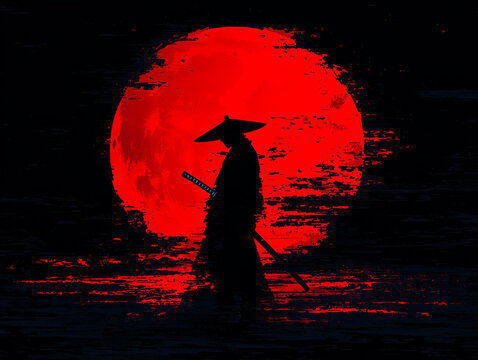 Silhouette of a samurai with a katana in hand, walking towards a large red moon.