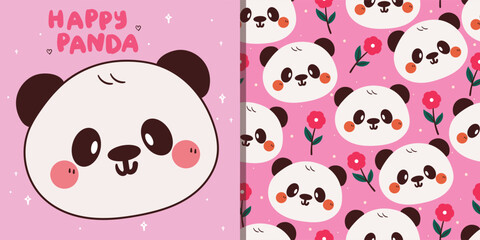 card and pattern of cartoon panda and flower. cute wallpaper and card for fabric print, gift wrap paper