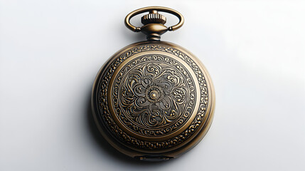 A vintage pocket watch with intricate engravings on a blank white background


