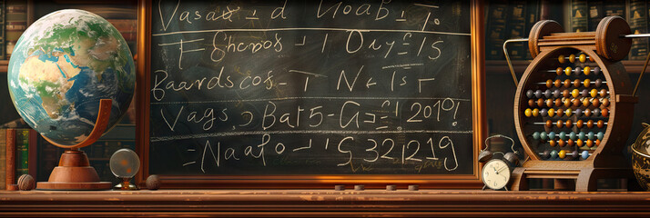 A chalkboard covered with handwritten equations, next to a vintage globe and an antique abacus.