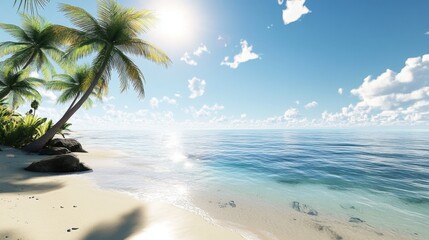 A beach scene with a clear sky, palm trees swaying gently, and crystal-clear waters reflecting the sunlight.