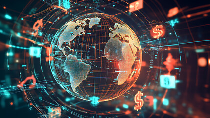 Global financial network with currency symbols
