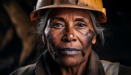 Close-up portrait of a old woman miner with a face stained with coal dust, tanned skin, expression of fatigue and pride, doing painful, hard work in difficult conditions in a dark underground mine.