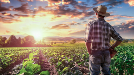Fototapeta premium Rear view of happy farmer in agriculture field at sunset.