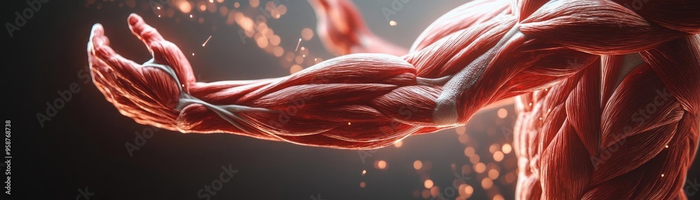 Poster close-up view of a muscular arm showcasing detailed muscle structure and dynamic movement, ideal for