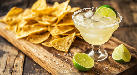 Um refrescante coquetel de margarita com guarnição de limão e borda salgada, acompanhado de nachos crocantes em uma tábua de madeira rústica, capturando perfeitamente um saboroso momento de lanche e 