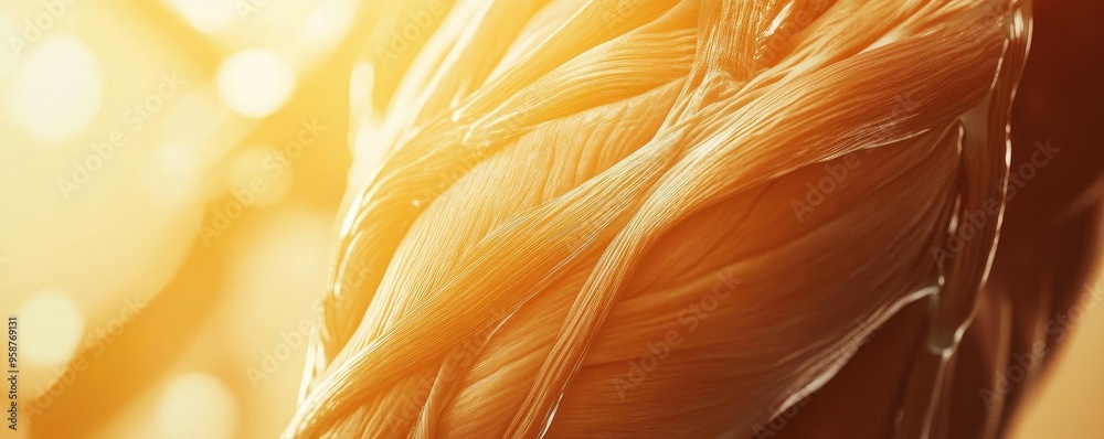 Poster close-up view of human muscle structure illuminated by warm sunlight, showcasing intricate details a