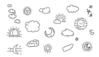 Cloud weather cartoon cute set. Cloud, sun, moon weather. Doodle set. Hand drawn doodle sketch style.  © Jevgeniya Mukhitova