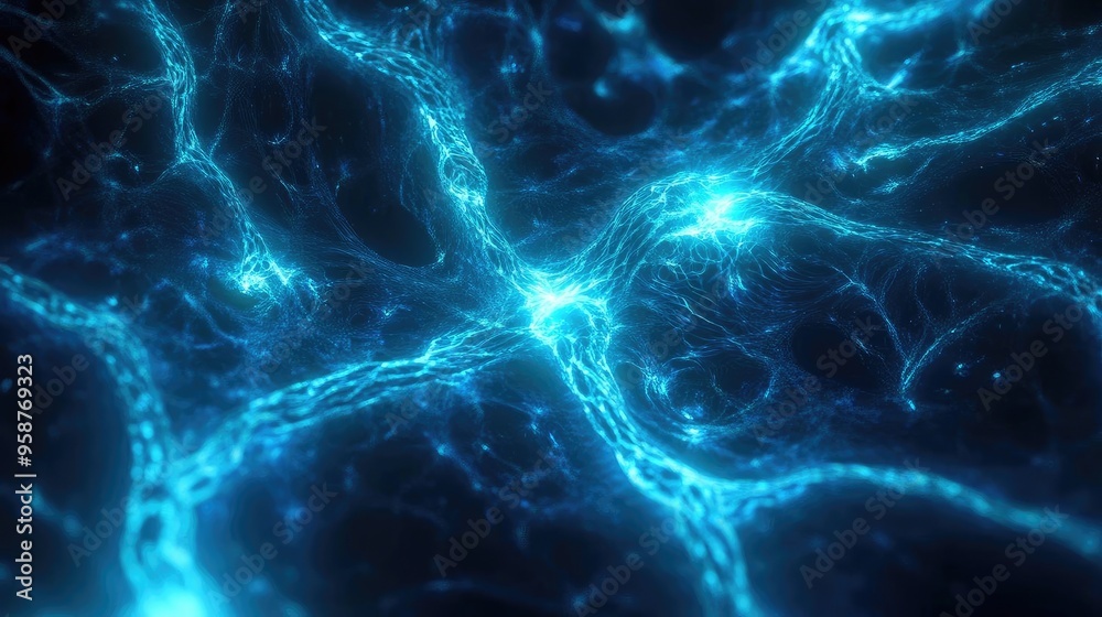 Poster Futuristic blue network design with glowing lines and nodes. Perfect for technology, science, and abstract concepts.