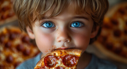 Naklejka premium A young boy is eating a slice of pepperoni pizza. The pizza is on a table and there are several other pizzas in the background