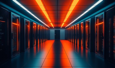 Fototapeta premium Server Room Interior with Red and White Lights