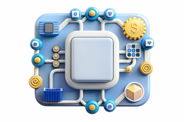 Flat AI Circuitry and Financial Icons Frame - Modern Border Concept with Technology Integration in Financial Management. Smart Business Tone. Simple Flat Vector Illustration.