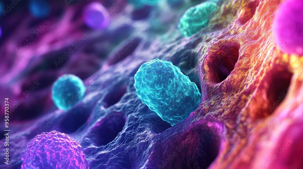 Poster colorful microscopic view of bacteria and cells in a biological environment showcasing vibrant textu