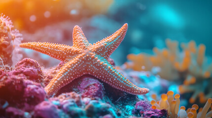 Captivating Underwater World: Close-up of a Vibrant Starfish on Coral Reef in Pristine Ocean Waters
