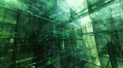 horizontal illustration of glowing green transparent geometric structure, shapes and shiny layers background