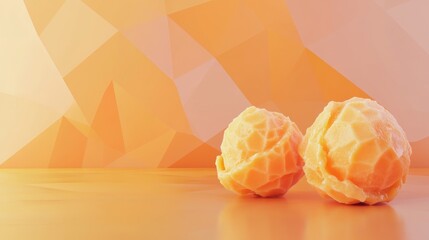 Two yellow spheres with textured surface on a low-poly orange background.