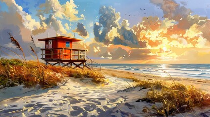 An orange lifeguard tower on a sandy beach with a golden sky and a blue sea.