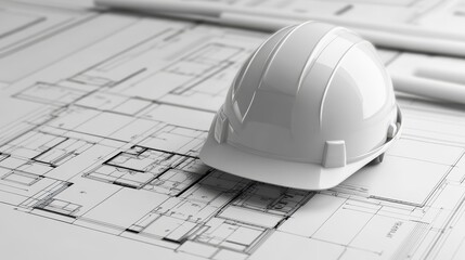 A close-up view of a white hard hat resting on architectural blueprints, symbolizing construction and engineering projects.