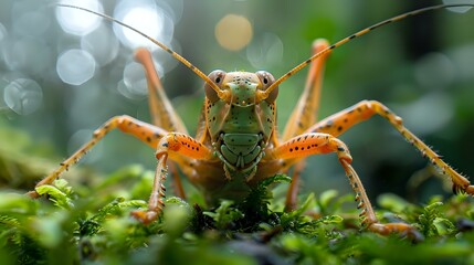 Fototapeta premium A close-up of a grasshopper perched on green moss in a forest, with soft light filtering through the background. Ideal for wildlife, nature, and macro photography themes.