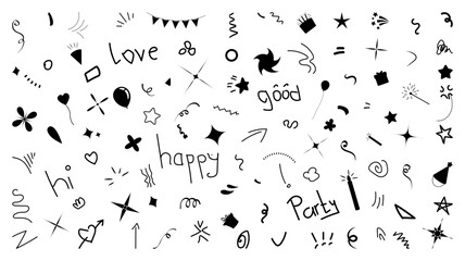 Set anime emotion effect. hand drawn cute cartoony expression sign doodle line stroke. modern comic line art.