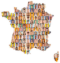 Junge Leute in verschiedenen Berufen auf Landkarte von Frankreich