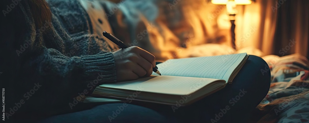 Poster a cozy evening scene featuring a person writing in a journal, illuminated by warm lamp light, evokin