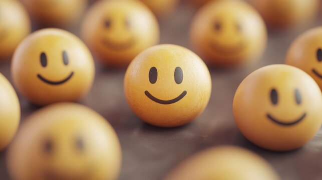 A collection of cheerful yellow smile faces on a textured surface, representing happiness and positivity in various contexts.