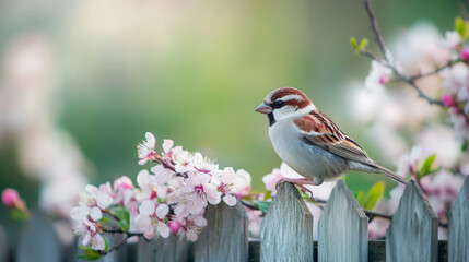 Serene Sparrow Perched on Fence Among Blooming Cherry Blossoms
