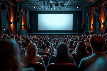 Audience Watching a Movie on a Blank Screen in a Cinema