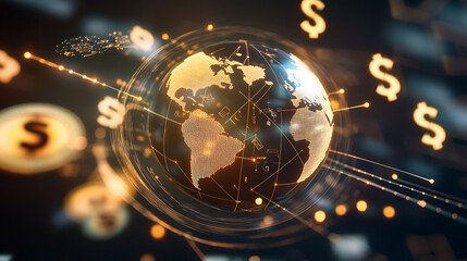 Digital global financial network with currency symbols
