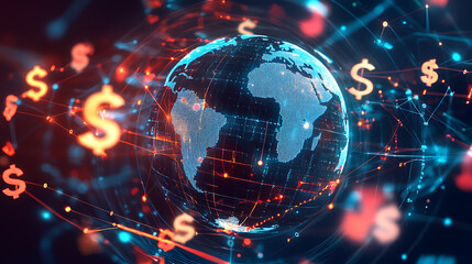 Obraz premium Digital global financial network with currency symbols 