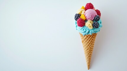 A single blue ice cream cone with various fruits, including raspberries, blackberries, peaches and banana slices, on a white background.