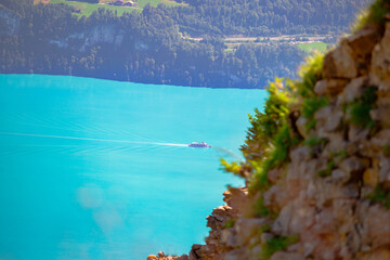 a view from mountain on the ship at blue lake. hiking concept