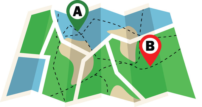 Map with two Location A and B, GPS navigation two point, Map, Navigation icon in map, City Map pin icon, GPS Location direction, two different Location, Pin point location, A Point and B point