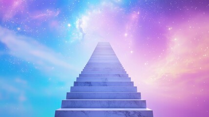 A long, winding staircase ascending towards a vibrant, celestial sky
