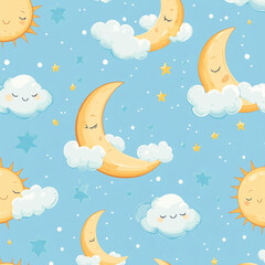 Fototapeta premium The seamless photo of cute cartoon in the heart shape and clouds sky with the moon for wallpaper background 