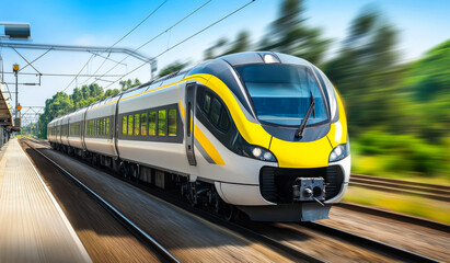 Fototapeta premium A train is moving down the tracks with a yellow stripe on the side. The train is long and has many windows