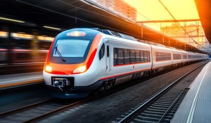 Naklejka premium A train is moving down the tracks with the sun shining on it. The train is white and red