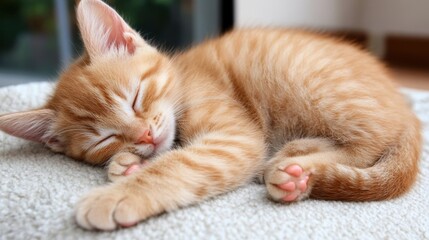 A small orange kitten sleeping on a white blanket with its eyes closed, AI
