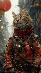 Fototapeta premium A cat in a brown leather jacket and red scarf stands in a snowy street, looking up at a red lantern.